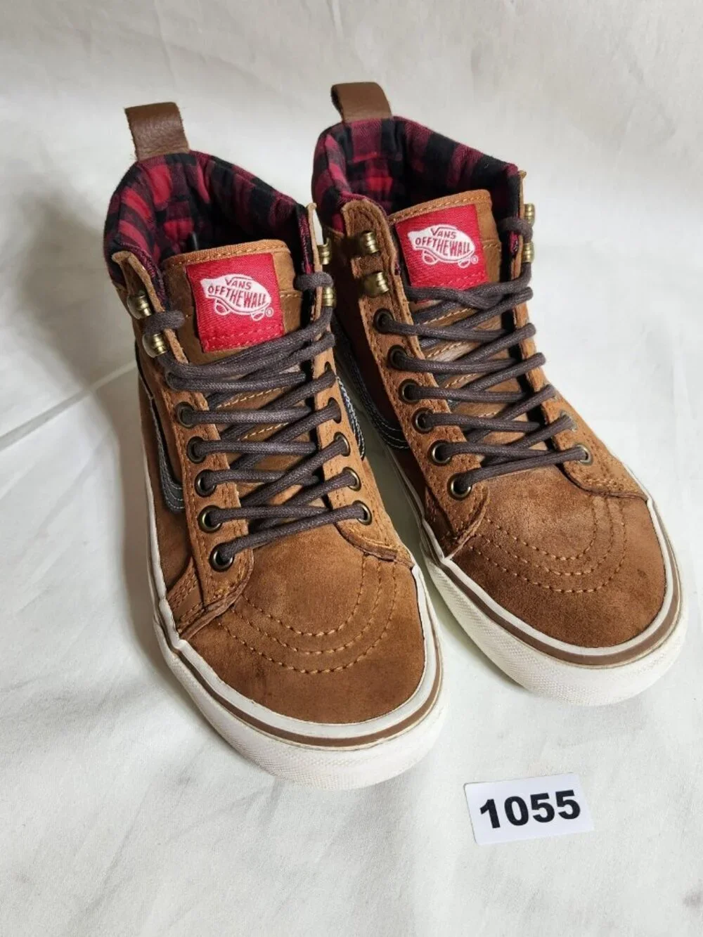 Vans Off the Wall Mens 5 Women 6.5 Brown Suede Skate Sneakers Red Black Plaid